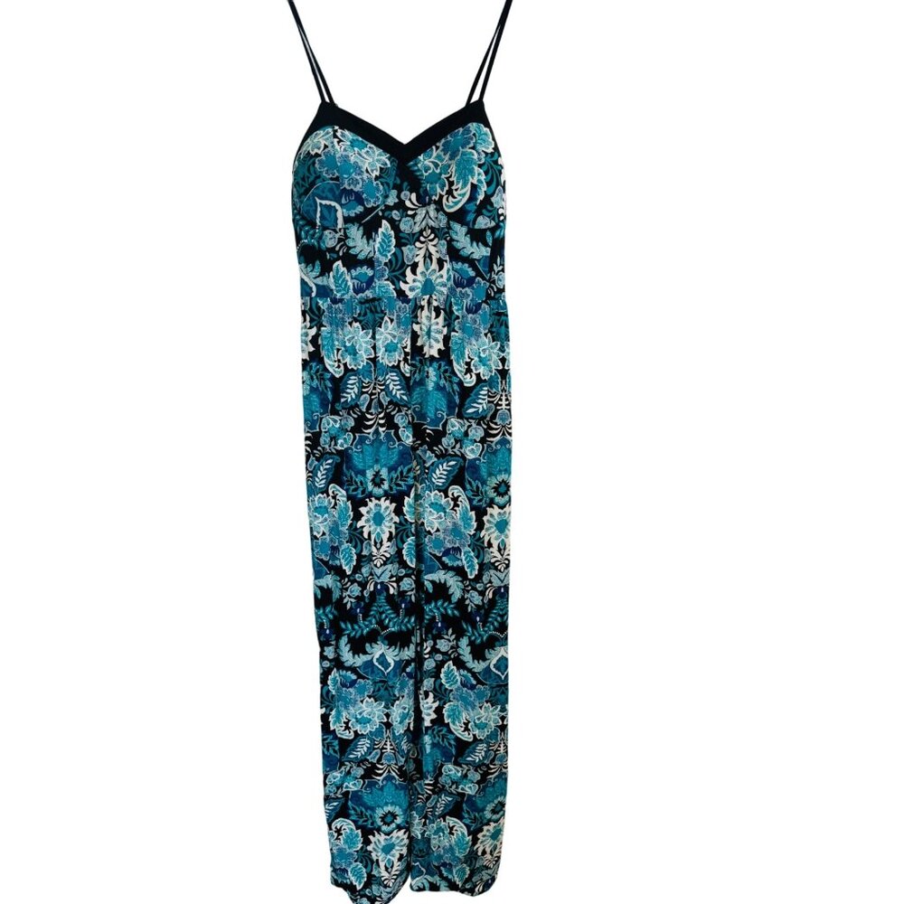 2/$25 NWOT Xhilaration M Floral Low Cut Jumpsuit Blue Black Teal White - Picture 1 of 14